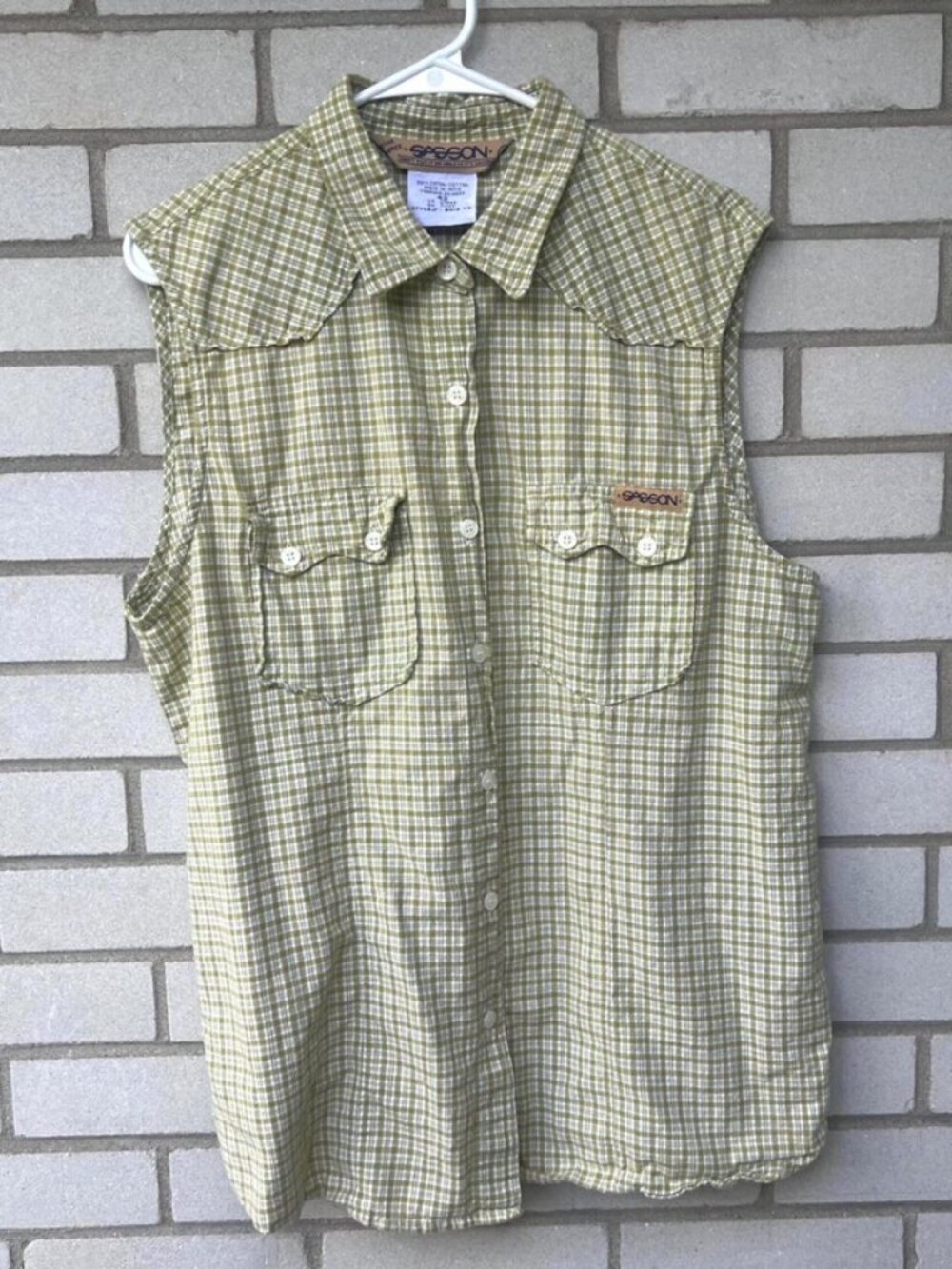 Vintage 90s Sleeveless Shirt SASSON Size Large Indian Cotton Green White Button